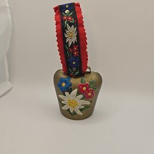 Vintage Swiss Brass Cow Bell Goat Sheep Hand Painted Flowers Embroidered Strap